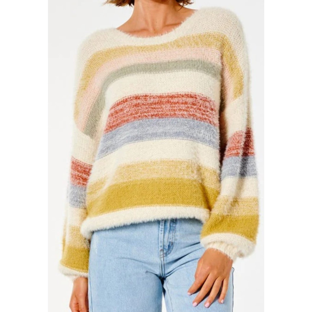 Rip Curl Sunset Waves Stripe Soft Fuzzy Sweater Pullover Balloon Sleeves XS